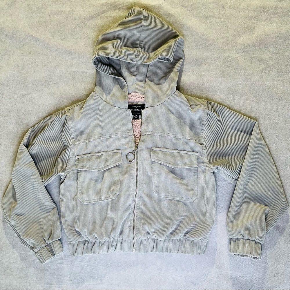 Haute Monde Corduroy Cropped Zipper Jacket Hood Size Medium Light Green